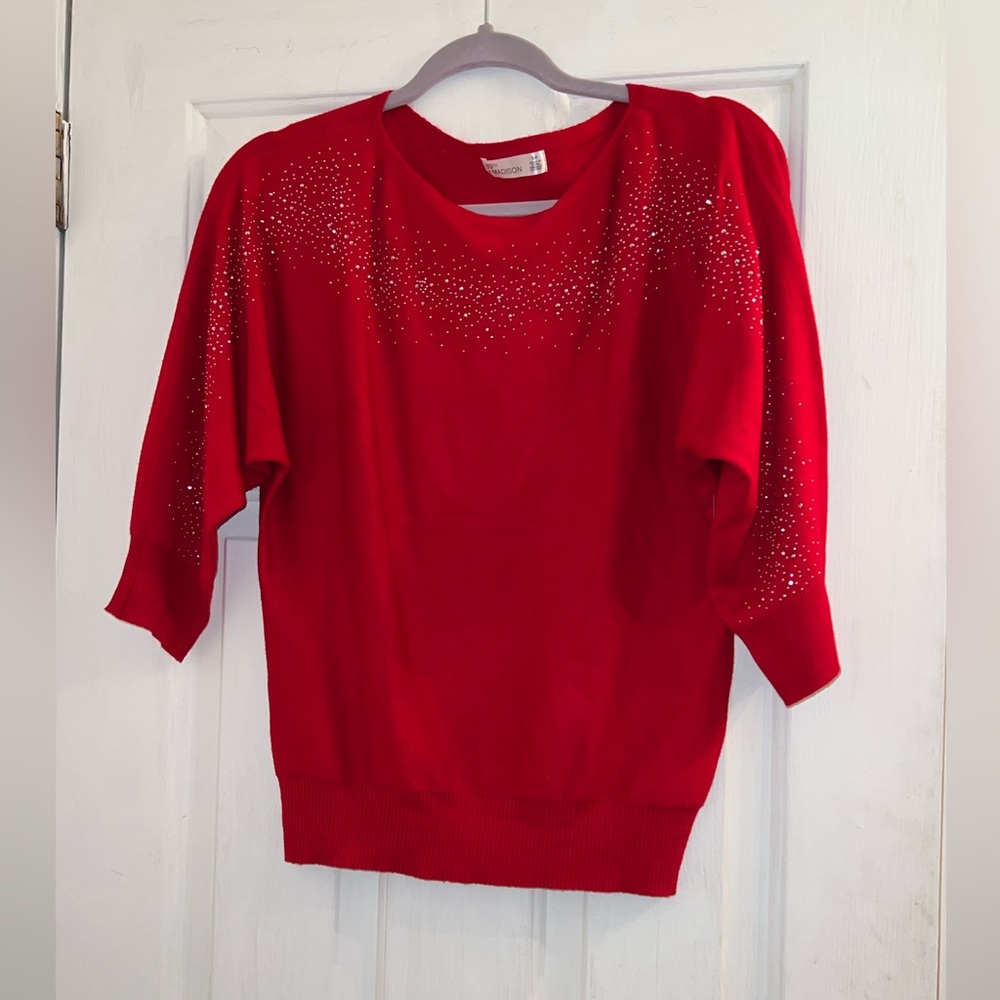 Size small red sweater encrusted with silver gems long 3/4 sleeves lightweight